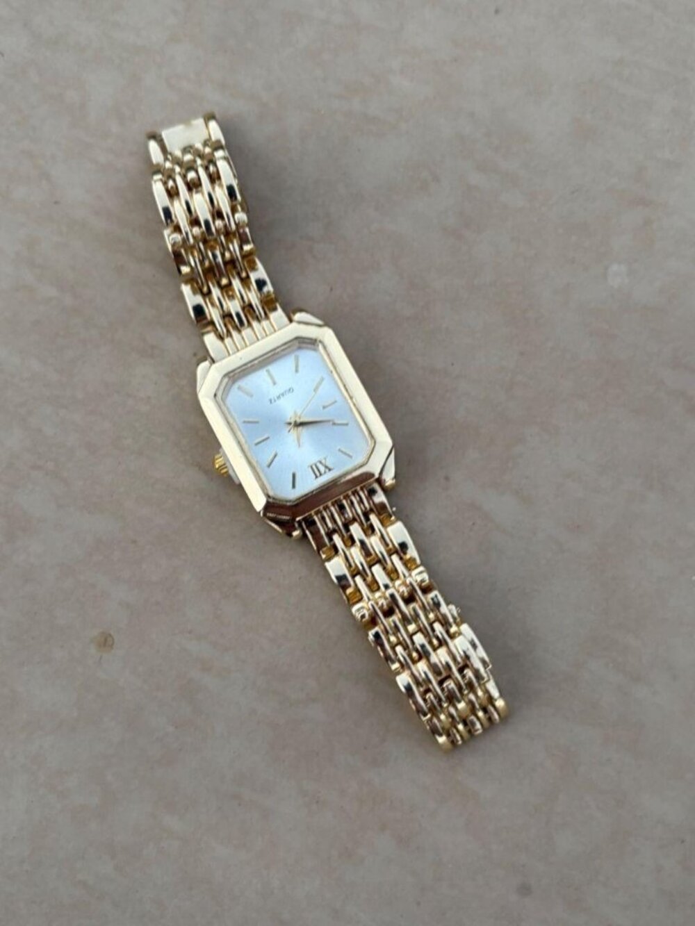 Gold-Tone Rectangular Link Watch with Pale Blue Dial
